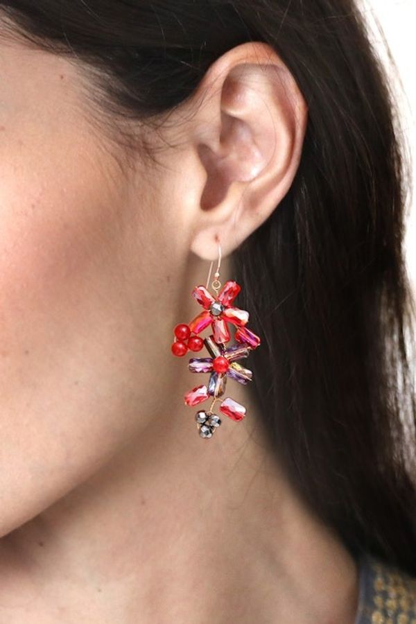 Alternate image for Thai-Made Floral Red Quartz and Glass Beaded Dangle Earrings Fire Spring