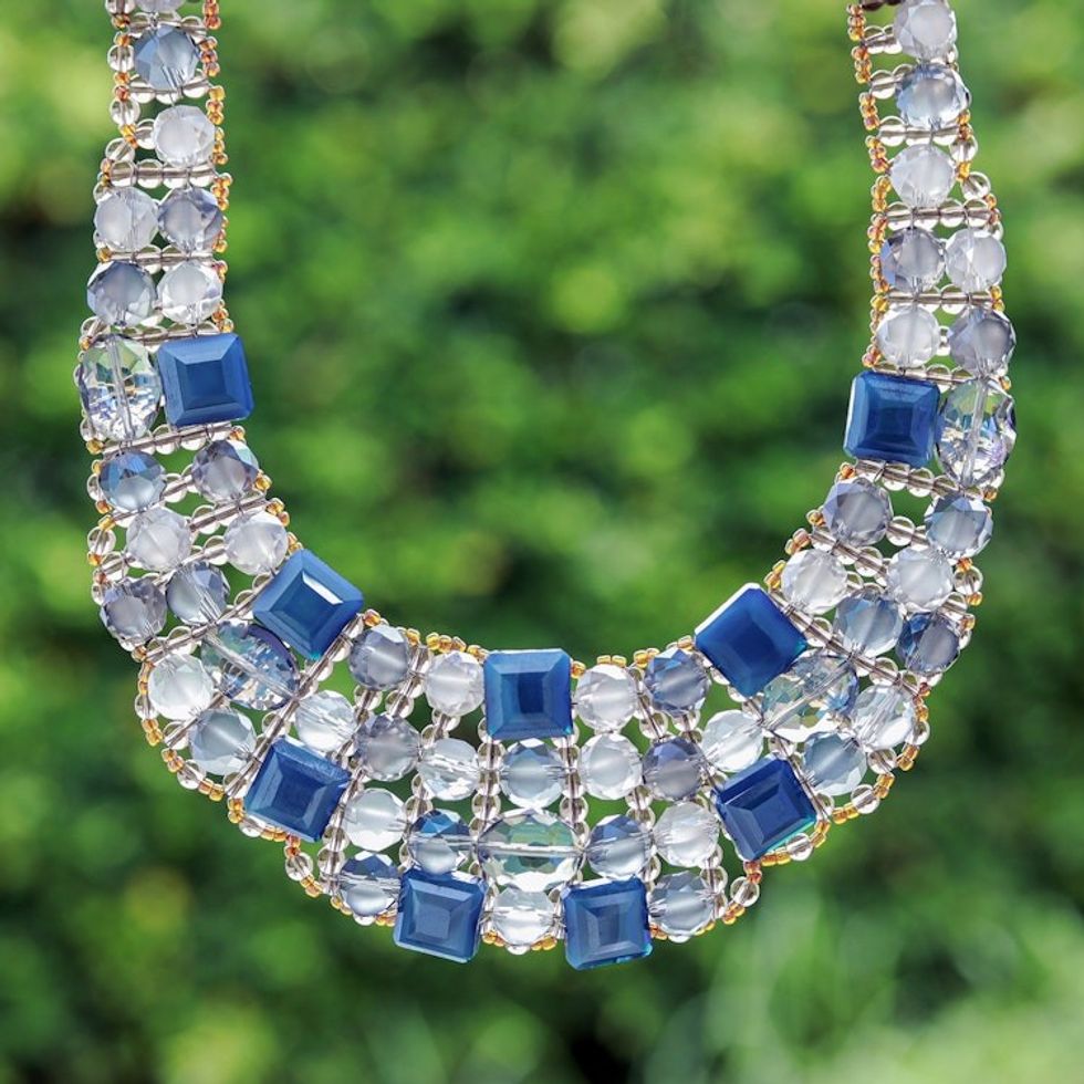 Blue Glass Beaded Choker Necklace Handmade in Thailand 'Crystallized Blue Nights'