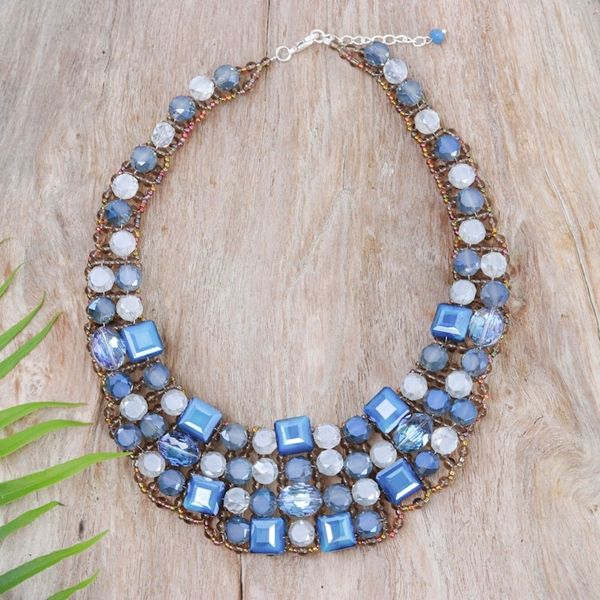 Alternate image for Blue Glass Beaded Choker Necklace Handmade in Thailand Crystallized Blue Nights
