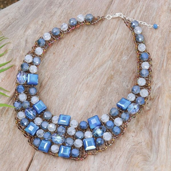 Alternate image for Blue Glass Beaded Choker Necklace Handmade in Thailand Crystallized Blue Nights