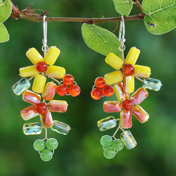 Alternate image for Floral Quartz and Glass Beaded Dangle Earrings from Thailand Solar Spring