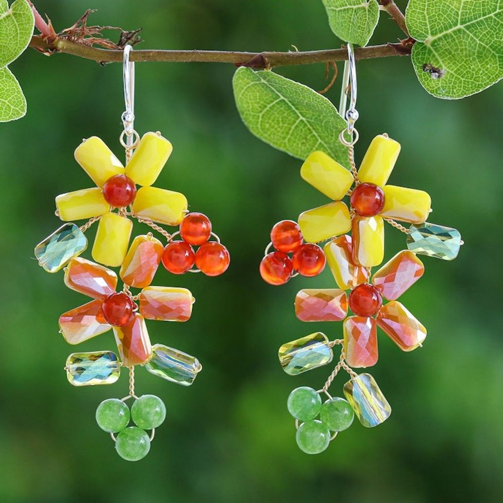 Floral Quartz and Glass Beaded Dangle Earrings from Thailand 'Solar Spring'
