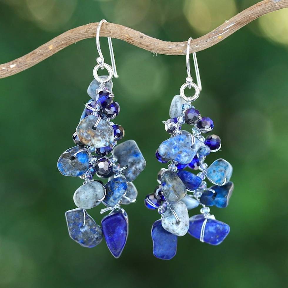 Blue-Toned Lapis Lazuli and Glass Beaded Waterfall Earrings 'True Jewels'