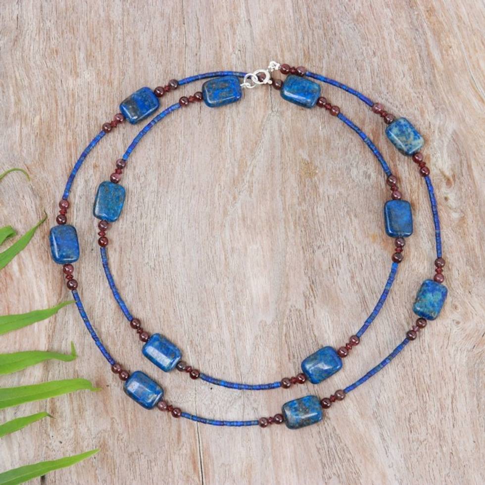 Long Station Necklace with Lapis Lazuli and Garnet Stones 'Midnight Touch'