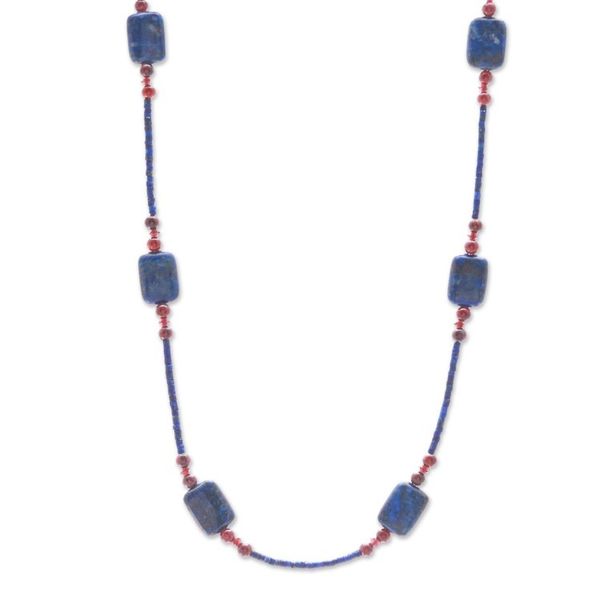 Alternate image for Long Station Necklace with Lapis Lazuli and Garnet Stones Midnight Touch