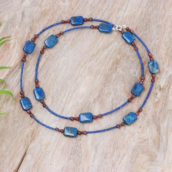 Alternate image for Long Station Necklace with Lapis Lazuli and Garnet Stones Midnight Touch