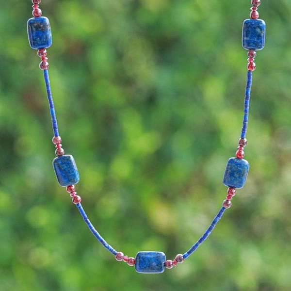 Alternate image for Long Station Necklace with Lapis Lazuli and Garnet Stones Midnight Touch