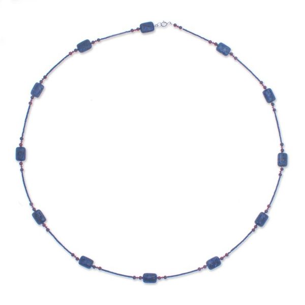 Alternate image for Long Station Necklace with Lapis Lazuli and Garnet Stones Midnight Touch