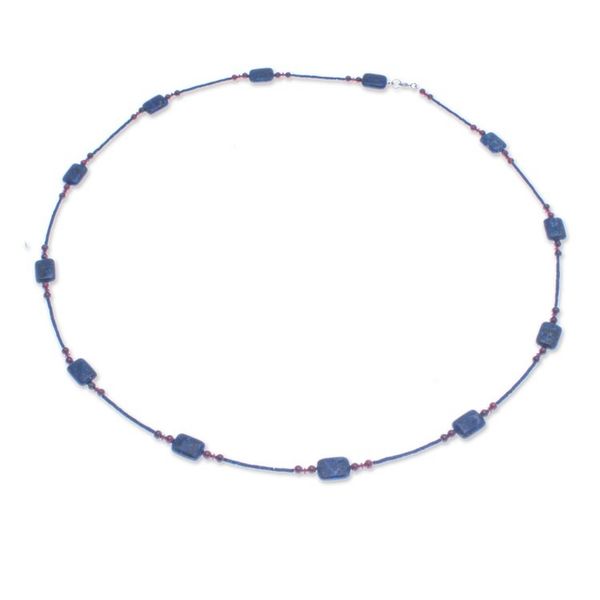 Alternate image for Long Station Necklace with Lapis Lazuli and Garnet Stones Midnight Touch