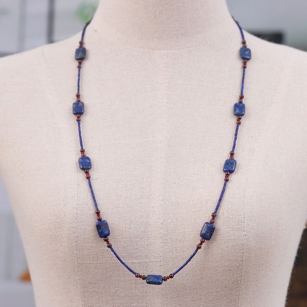 Alternate image for Long Station Necklace with Lapis Lazuli and Garnet Stones Midnight Touch