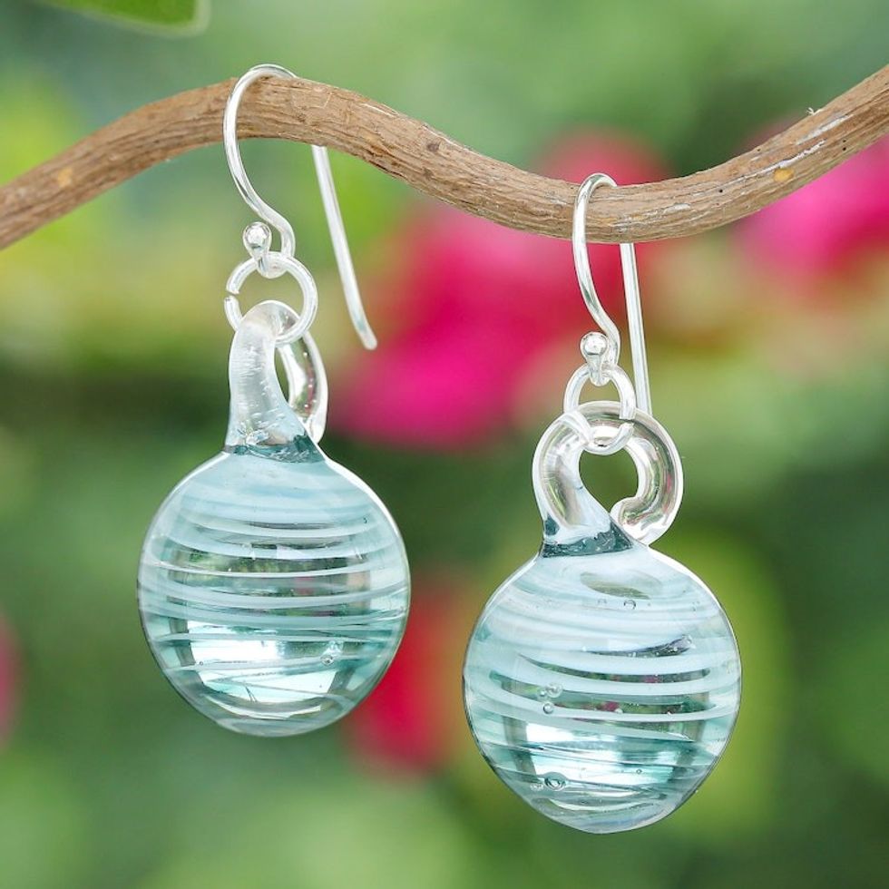 Blown Glass Dangle Earrings with Light Blue White Spirals 'Light Blue Ball'