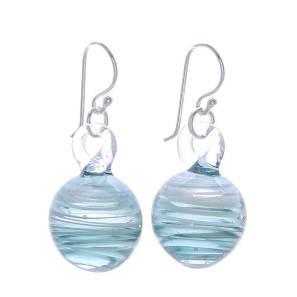 Alternate image for Blown Glass Dangle Earrings with Light Blue White Spirals Light Blue Ball