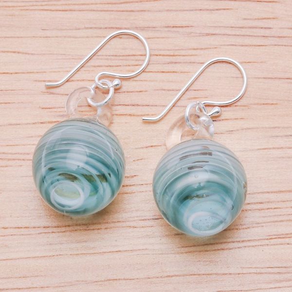 Alternate image for Blown Glass Dangle Earrings with Light Blue White Spirals Light Blue Ball