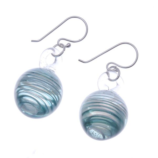 Alternate image for Blown Glass Dangle Earrings with Light Blue White Spirals Light Blue Ball