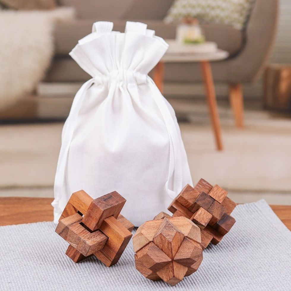 Three Thailand-Made Raintree Wood Puzzles with Storage Pouch 'Playful Moments'