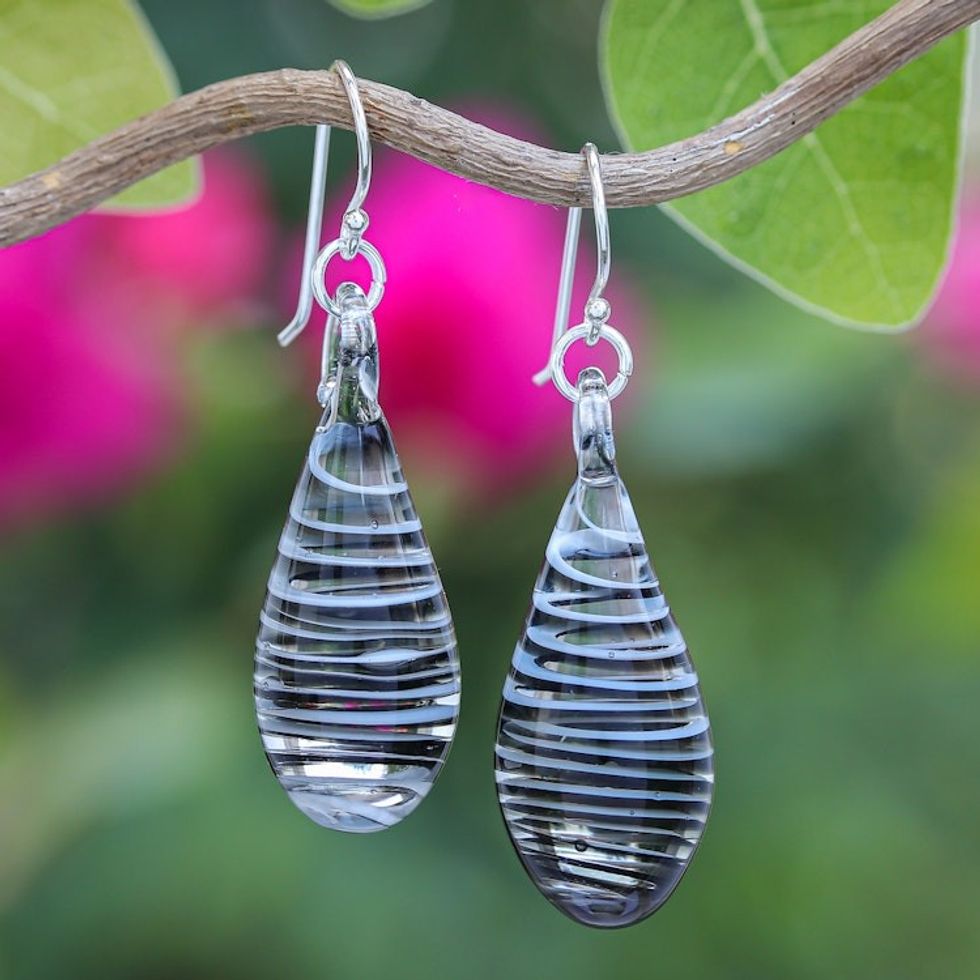 Handblown Glass Dangle Earrings with Black White Spirals 'Dew Drop in Black'