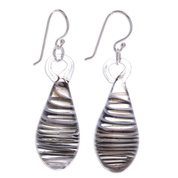 Alternate image for Handblown Glass Dangle Earrings with Black White Spirals Dew Drop in Black