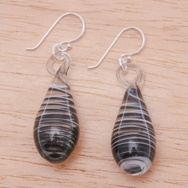 Alternate image for Handblown Glass Dangle Earrings with Black White Spirals Dew Drop in Black