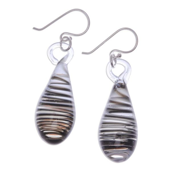Alternate image for Handblown Glass Dangle Earrings with Black White Spirals Dew Drop in Black