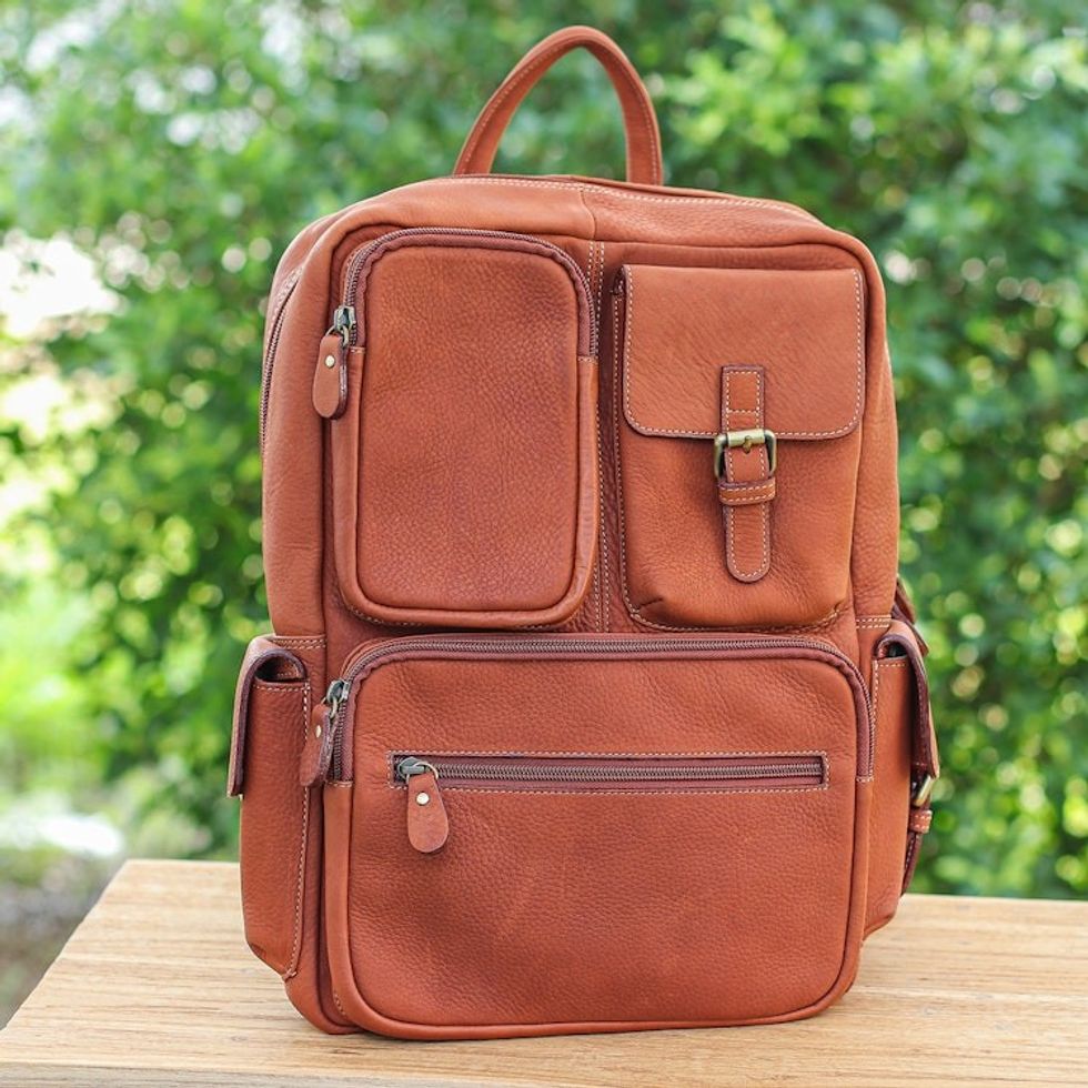 Travel-Friendly 100 Brown Leather Backpack from Thailand 'Intrepid Companion'