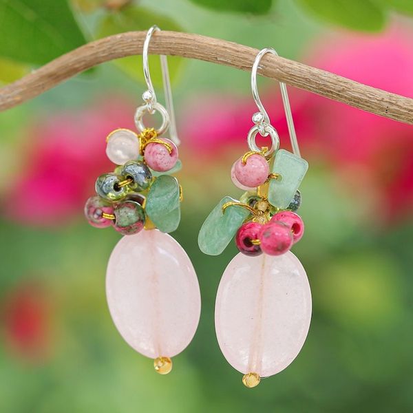 Alternate image for Quartz Aventurine Glass and Resin Beaded Cluster Earrings Pink and Green Chic