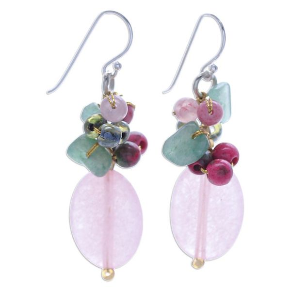 Alternate image for Quartz Aventurine Glass and Resin Beaded Cluster Earrings Pink and Green Chic
