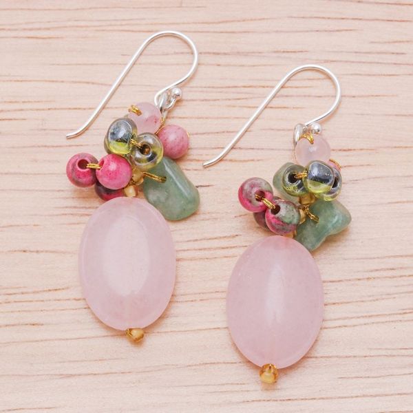 Alternate image for Quartz Aventurine Glass and Resin Beaded Cluster Earrings Pink and Green Chic
