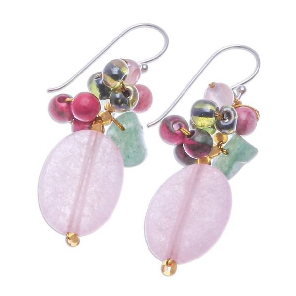 Alternate image for Quartz Aventurine Glass and Resin Beaded Cluster Earrings Pink and Green Chic