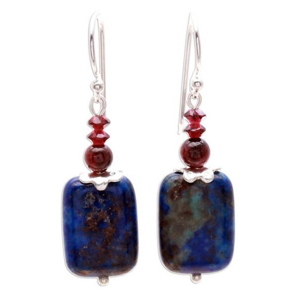 Alternate image for Lapis Lazuli and Garnet Dangle Earrings from Thailand Romantic Blueberry