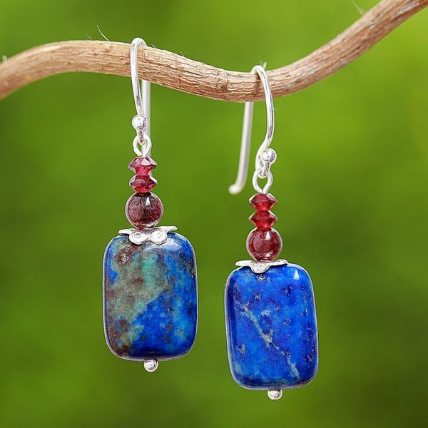 Alternate image for Lapis Lazuli and Garnet Dangle Earrings from Thailand Romantic Blueberry
