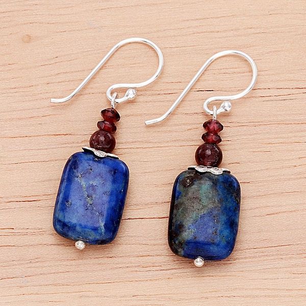 Alternate image for Lapis Lazuli and Garnet Dangle Earrings from Thailand Romantic Blueberry