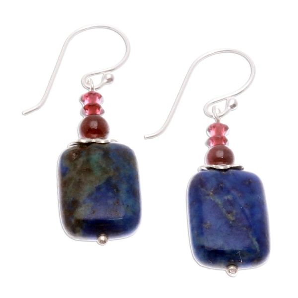 Alternate image for Lapis Lazuli and Garnet Dangle Earrings from Thailand Romantic Blueberry