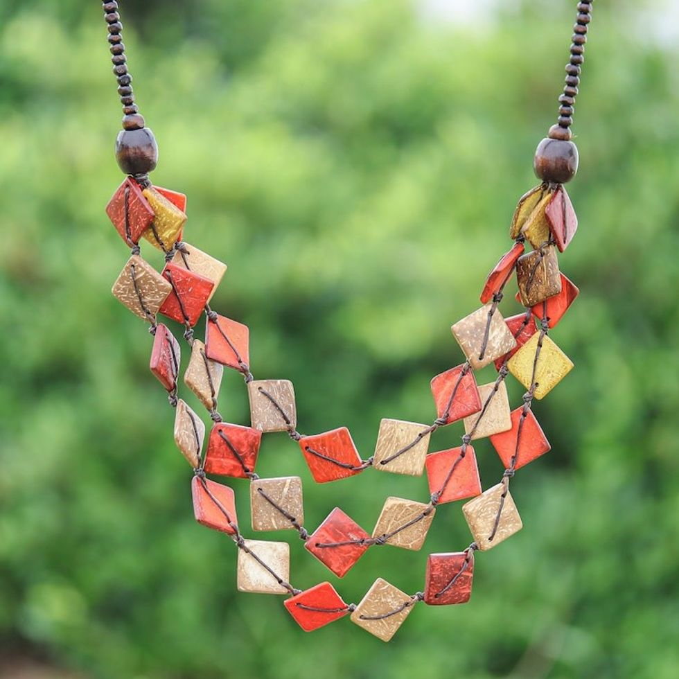 Red and Golden Wood and Coconut Shell Beaded Strand Necklace 'Fire Diamonds'