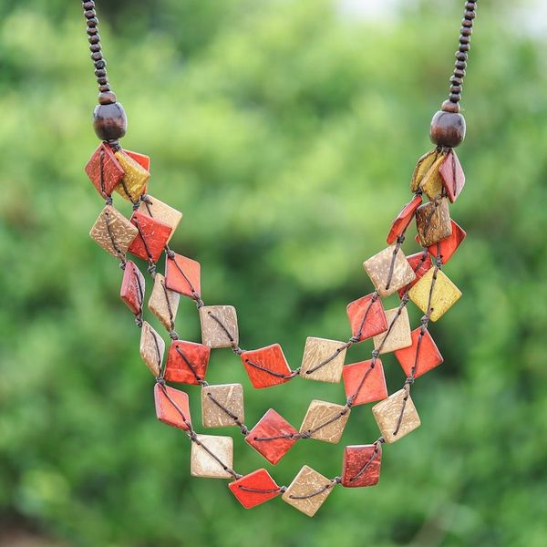 Alternate image for Red and Golden Wood and Coconut Shell Beaded Strand Necklace Fire Diamonds
