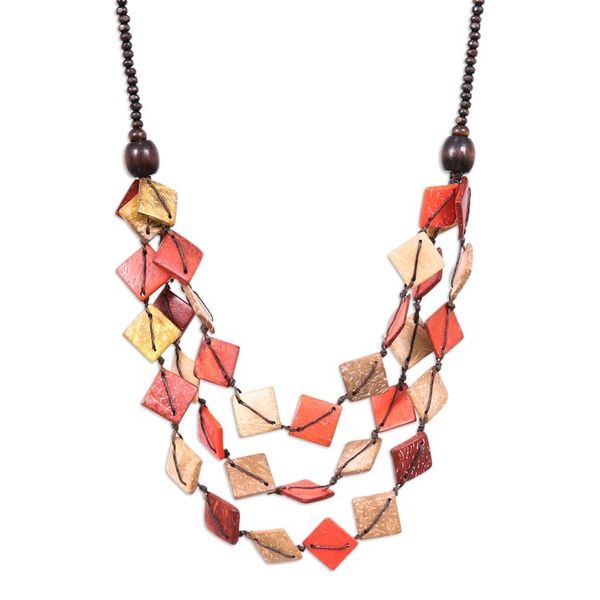 Alternate image for Red and Golden Wood and Coconut Shell Beaded Strand Necklace Fire Diamonds