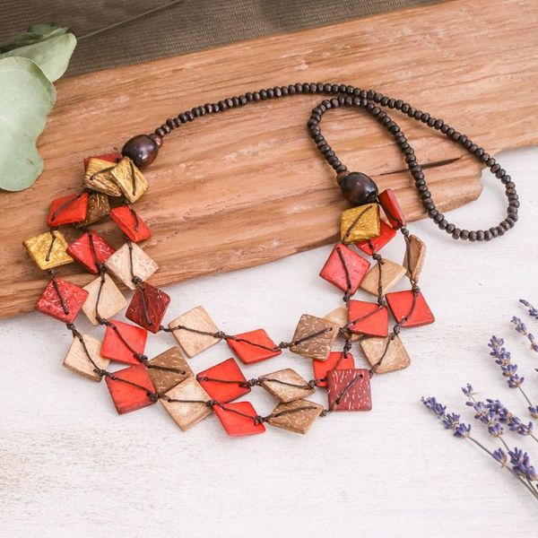 Alternate image for Red and Golden Wood and Coconut Shell Beaded Strand Necklace Fire Diamonds