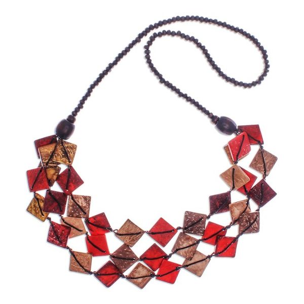 Alternate image for Red and Golden Wood and Coconut Shell Beaded Strand Necklace Fire Diamonds