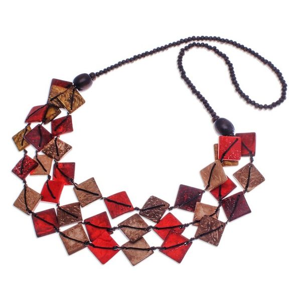 Alternate image for Red and Golden Wood and Coconut Shell Beaded Strand Necklace Fire Diamonds