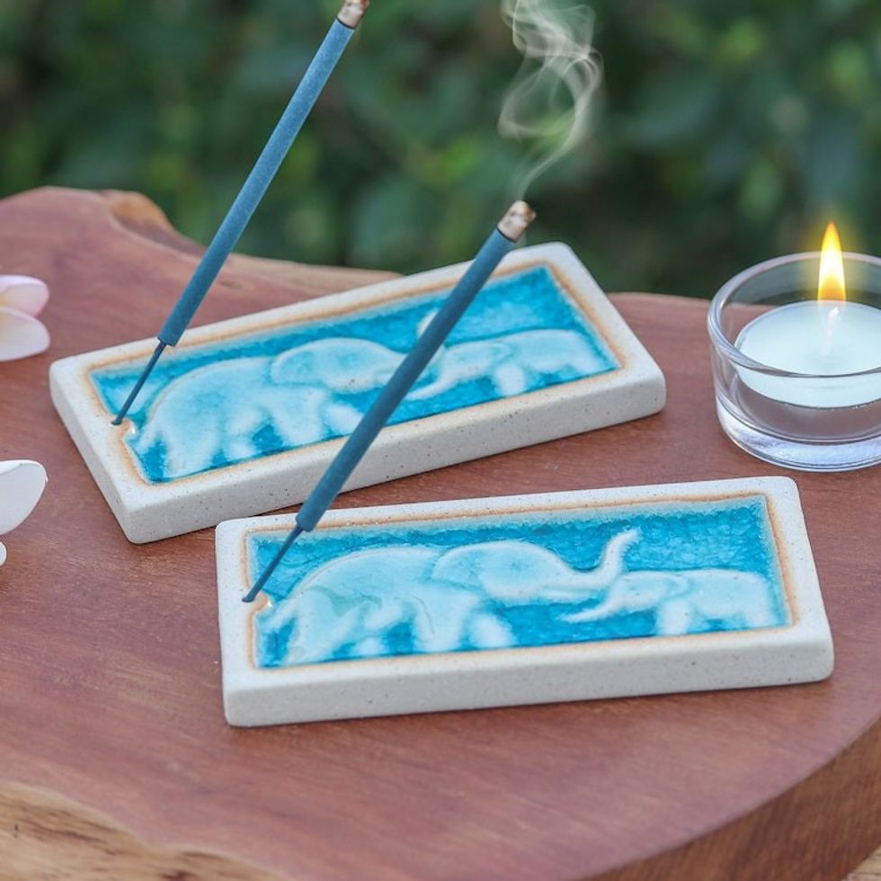 Handmade Elephant-Themed Blue Ceramic Incense Holders Pair 'Lucky Bond'