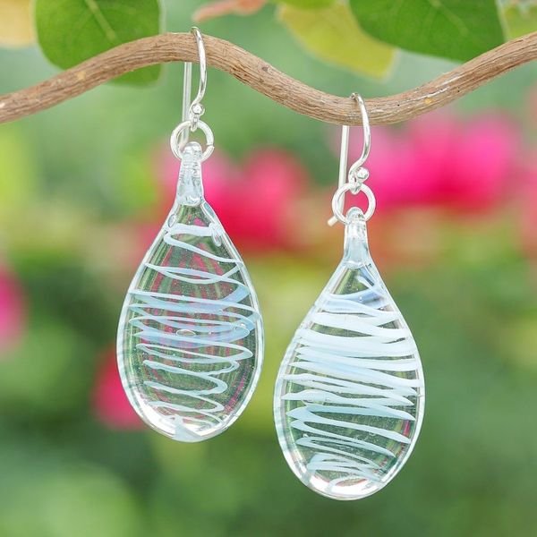 Alternate image for Handblown Glass Dangle Earrings with Light Blue Spirals Sky Blue Ovate Leaf