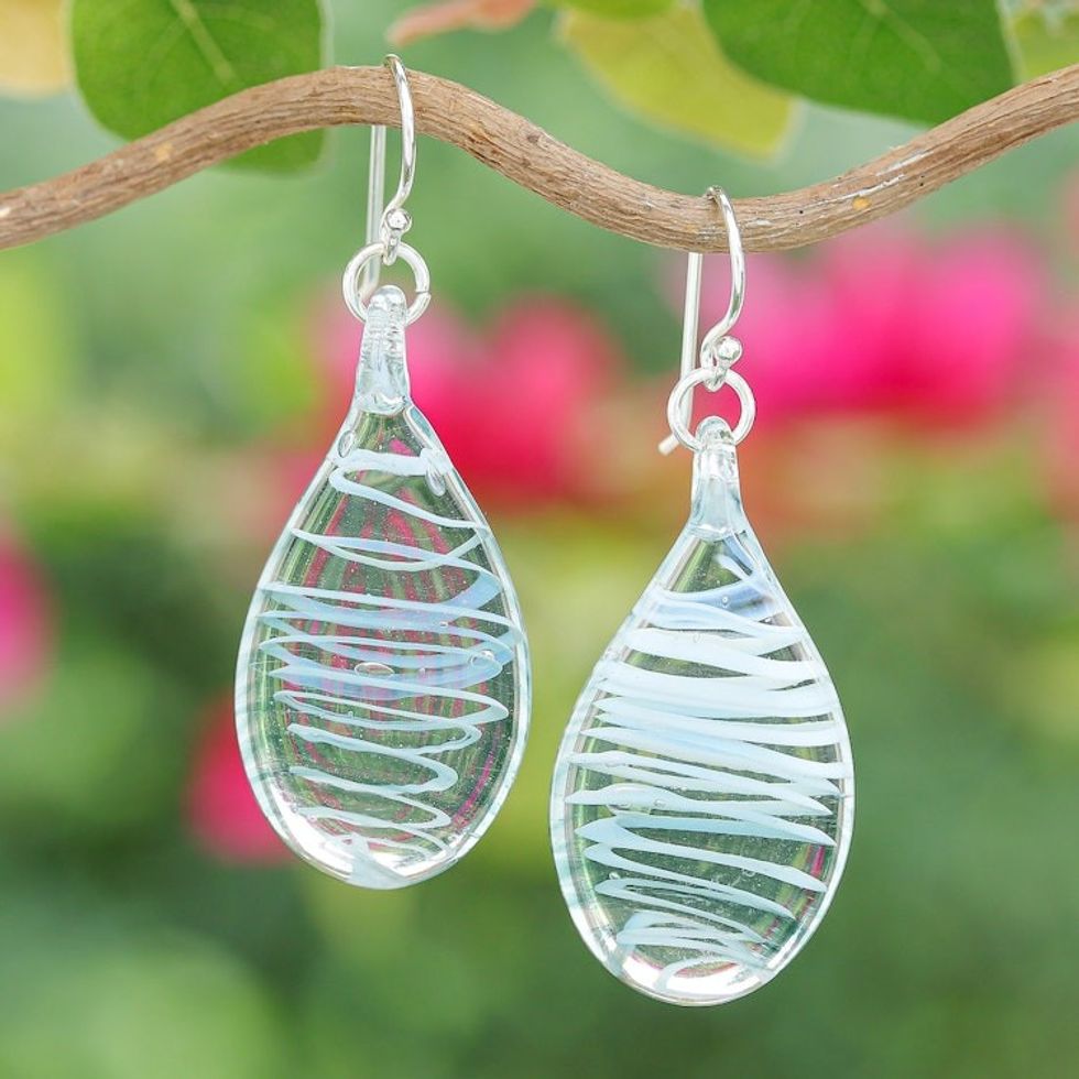 Handblown Glass Dangle Earrings with Light Blue Spirals 'Sky Blue Ovate Leaf'
