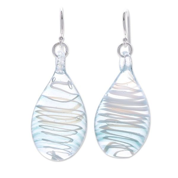 Alternate image for Handblown Glass Dangle Earrings with Light Blue Spirals Sky Blue Ovate Leaf