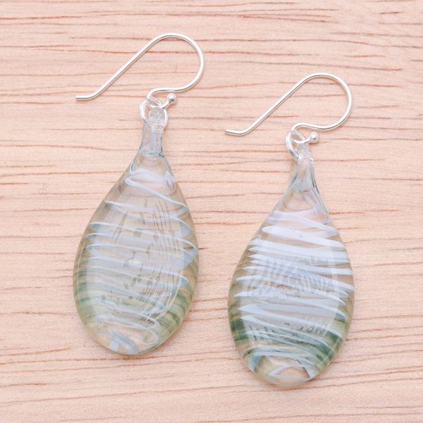 Alternate image for Handblown Glass Dangle Earrings with Light Blue Spirals Sky Blue Ovate Leaf