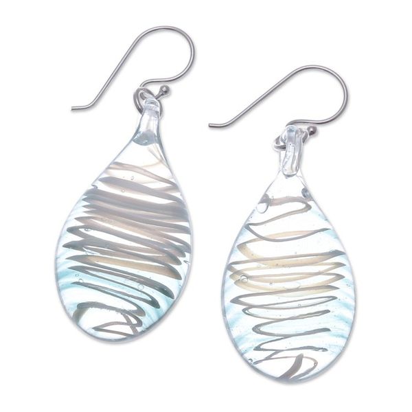 Alternate image for Handblown Glass Dangle Earrings with Light Blue Spirals Sky Blue Ovate Leaf