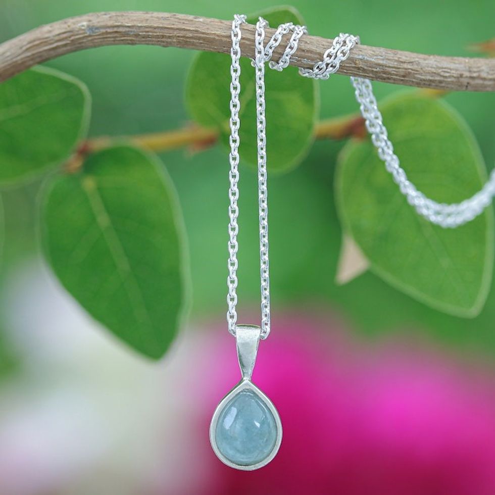 High-Polished Drop-Shaped Aquamarine Pendant Necklace 'Drop for the Serene'