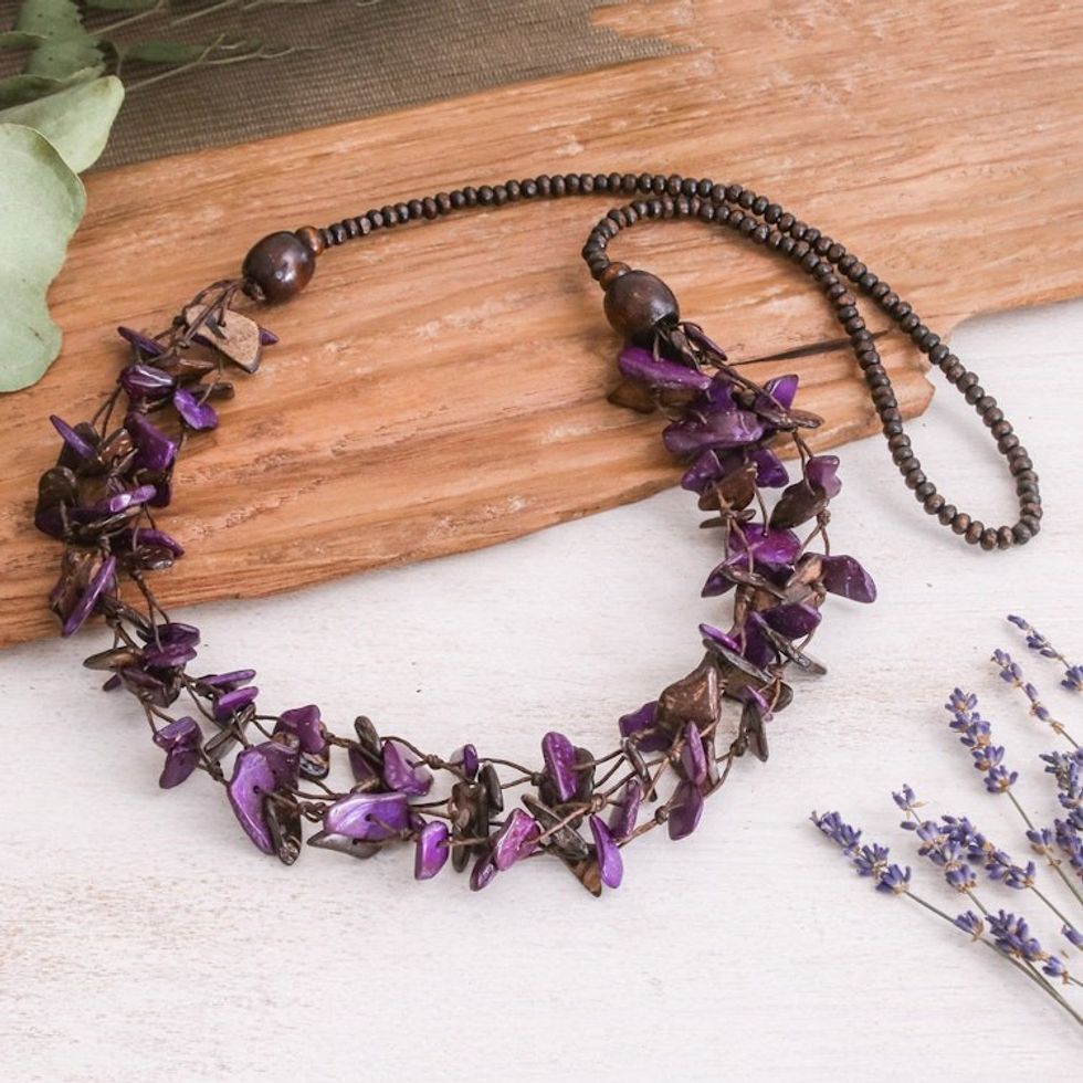 Hand-Painted Purple and Brown Beaded Three-Strand Necklace 'Fragments of Magic'