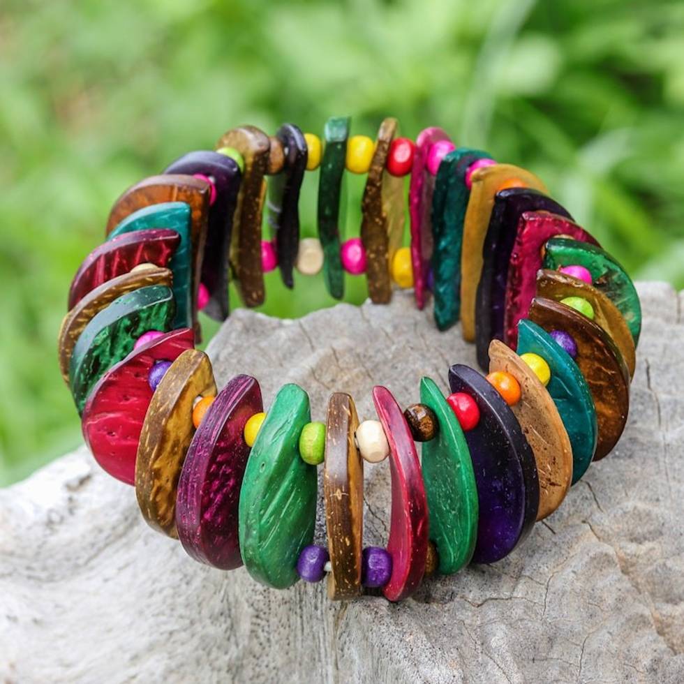 Colorful Coconut Shell Stretch Bracelet with Wooden Beads 'Joy of Nature'