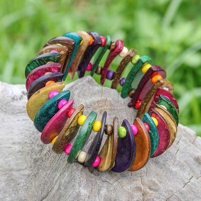 Alternate image for Colorful Coconut Shell Stretch Bracelet with Wooden Beads Joy of Nature