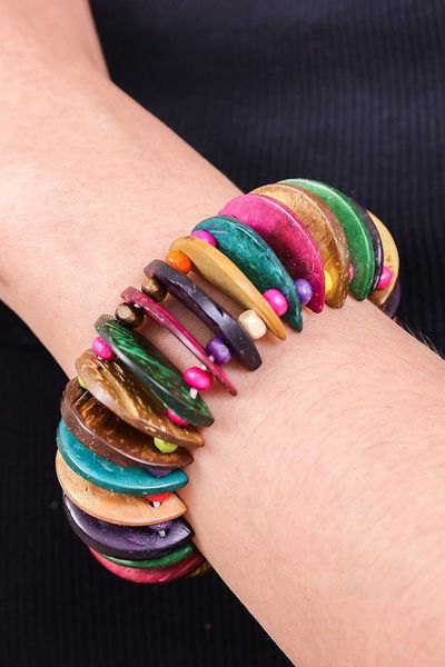 Alternate image for Colorful Coconut Shell Stretch Bracelet with Wooden Beads Joy of Nature