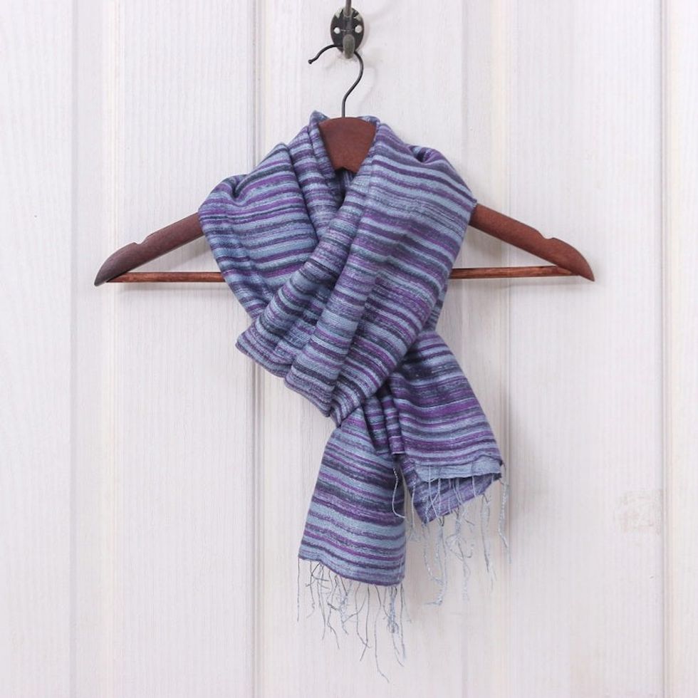 Handloomed Fringed Striped Blue, Grey and Purple Silk Scarf 'Night Iridescence'